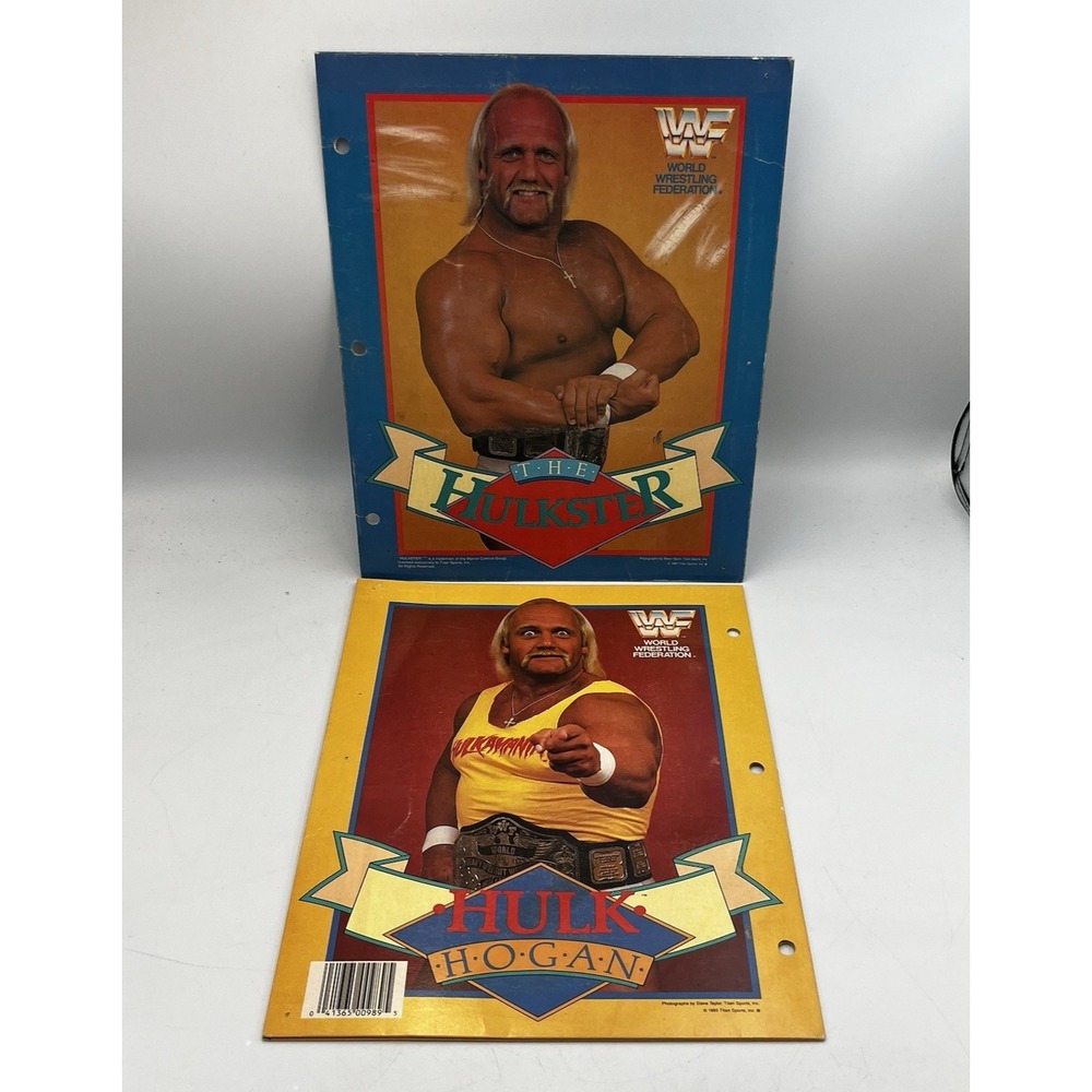 Pair of Hulk Hogan WWF School Folders Yellow and Blue Good Condition
